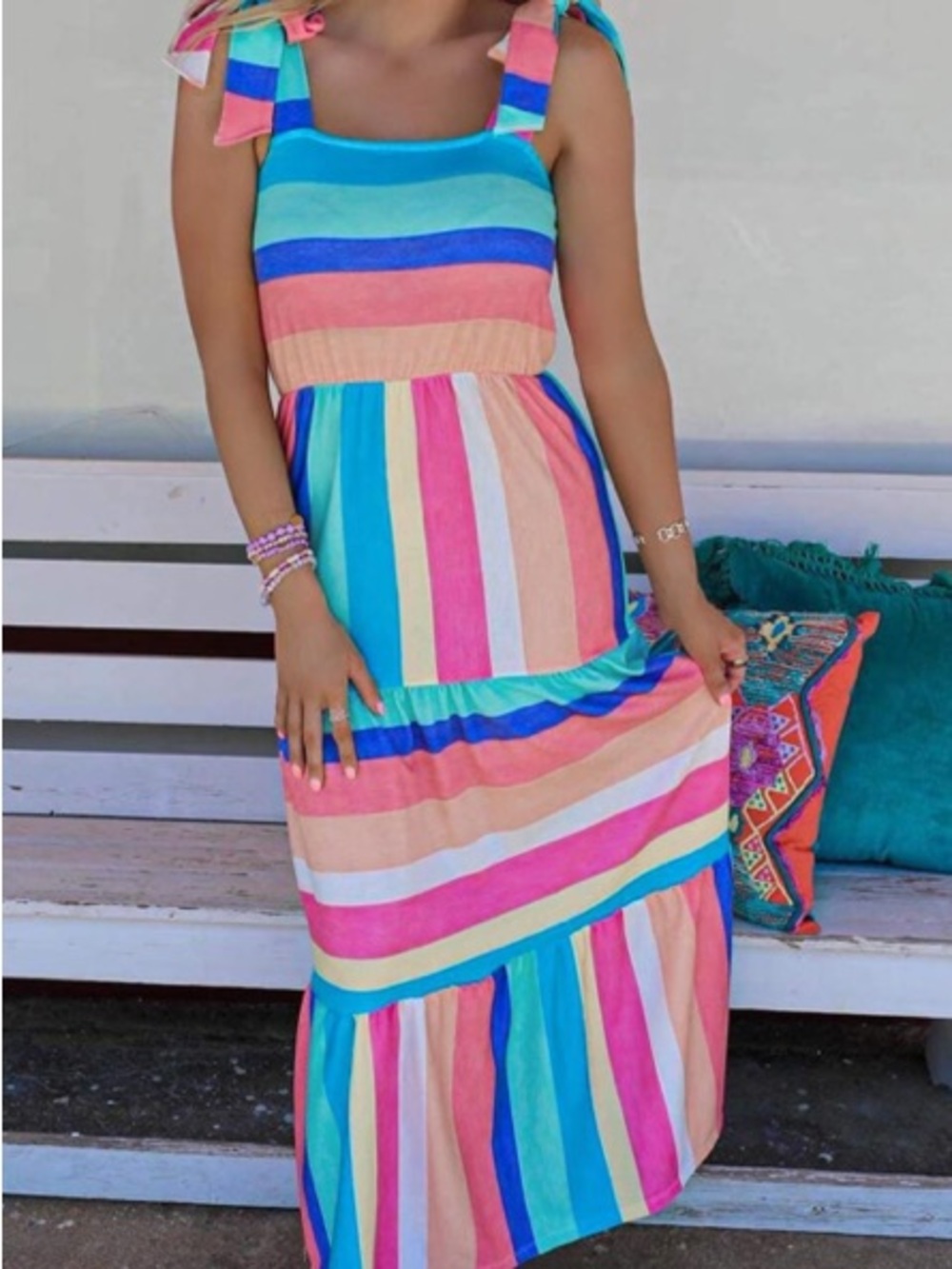 Striped Tie-Shoulder Maxi Dress in Multi-Color